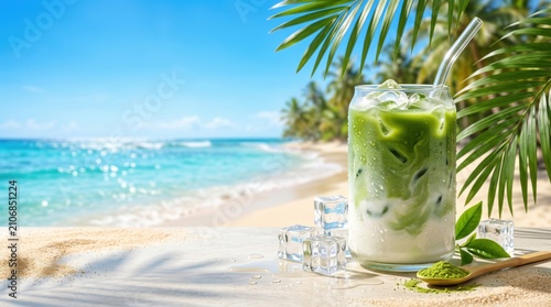 Refreshing iced matcha latte on a tropical beach with copy space, symbolizing healthy summer drinks, wellness, cooling refreshment, vacation