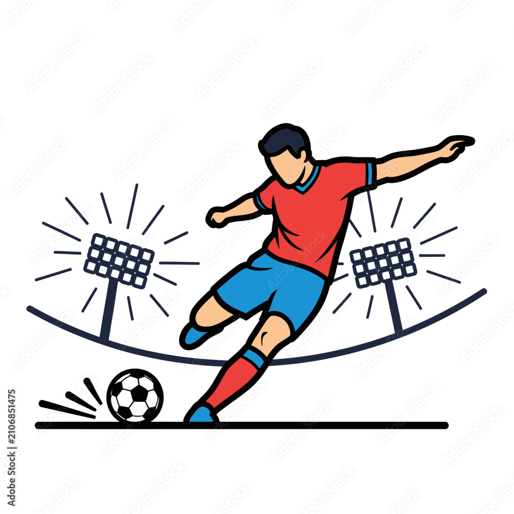 Fototapeta premium Soccer Player Kicking Ball on Stadium Field with Spotlights, Action Shot Illustration