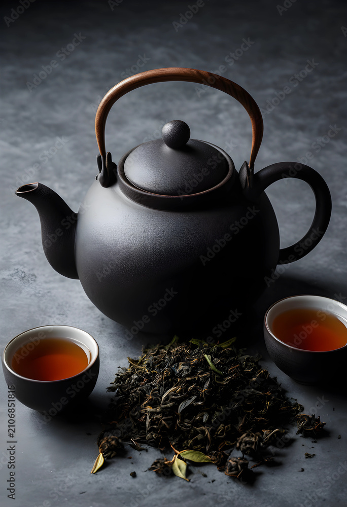 Obraz premium Traditional japanese cast iron teapot with two cups of hot tea and loose leaf tea on a dark background