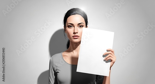 Young Woman Holding Blank Paper Portrait Facing Front