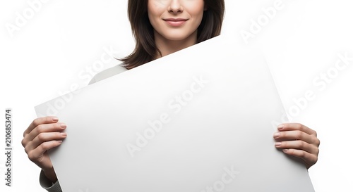 Young Woman Holding Large White Card Near Chest