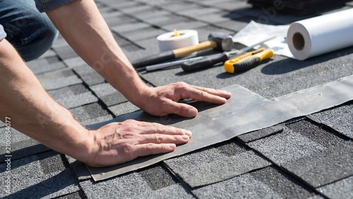 Professional roofer installing asphalt shingles on residential house roof