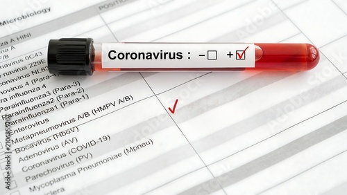 Medical test tube with blood sample and label indicating coronavirus test result