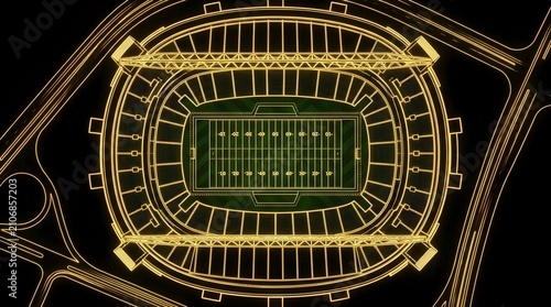 Aerial golden neon wireframe outline of an American football stadium.