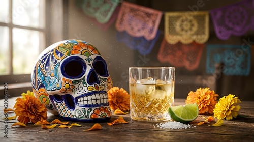 Traditional Day of the Dead celebration with decorated sugar skull and tequila