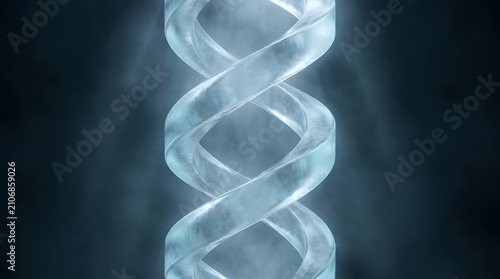Glowing frozen translucent double helix structure emitting cold mist in dark background representing biotechnology genetics and cryogenic scientific research