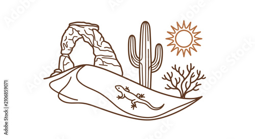 Fotografie Desert Landscape Arch, Cactus, Lizard, Sun, Arid Nature Illustration
