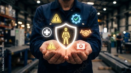 Professional industrial worker displaying glowing safety and risk management icons in palms to represent commitment to workplace health and professional hazard protection standards