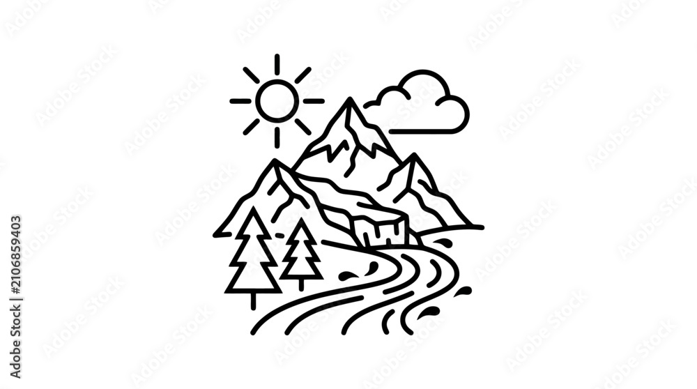 Obraz premium Mountain landscape line art with river, trees, sun and cloud, minimalist vector illustration