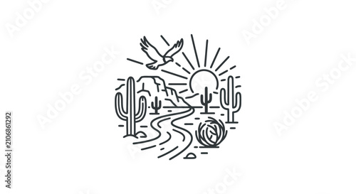Bild auf Leinwand Desert Landscape Line Art: Cactus, Mountains, Sun, Eagle, Road, Tumbleweed