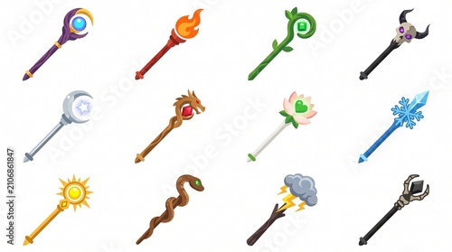 Twelve distinct fantasy magical staffs and wands, each featuring unique elemental and mystical designs in a vibrant cartoon style.