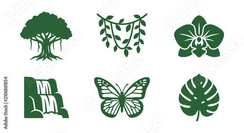 Quadro su tela Jungle Icons: Banyan Tree, Vines, Orchid, Waterfall, Butterfly, Monstera Leaf
