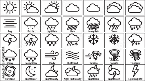 Set of weather forecast icons featuring various meteorological conditions in a clean black line art style