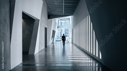 Businessman Walking Through Modern Corporate Corridor