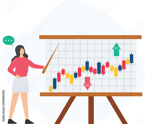 Businesswoman presenting stock market chart with financial data. Investment strategy analysis showing buy sale signals. Forex trading graph with candlestick patterns for market trends.
