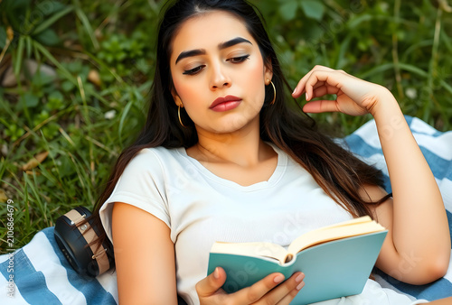 Young woman reading a book ...