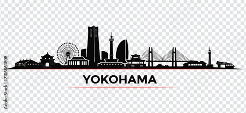 Cuadro en lienzo Yokohama city skyline silhouette with famous landmarks, japan