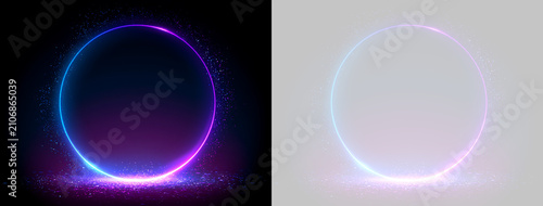 Neon glowing circle frame with light particles. Abstract blue and purple ring on dark and transparent background
