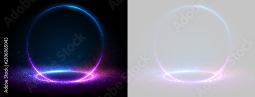 Neon glowing circle frame with light particles. Abstract blue and purple ring on dark and transparent background