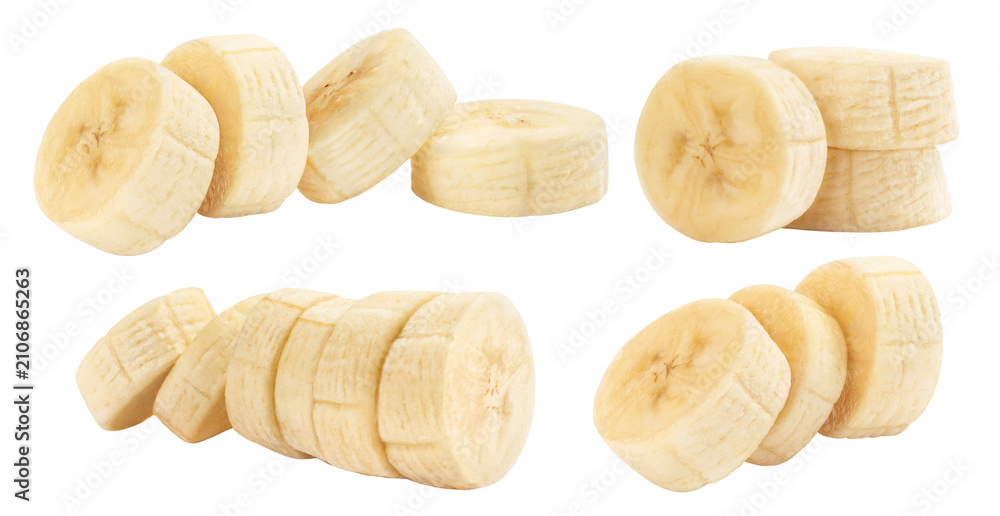 Obraz premium Set of peeled banana slices arranged in four compositions, isolated on transparent cutout background