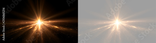 Golden light flare with sparkling particles. Abstract lens effect on black background. Glowing starburst overlay