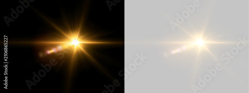 Cuadro en lienzo Golden lens flare with diagonal bokeh trail on black and transparent background