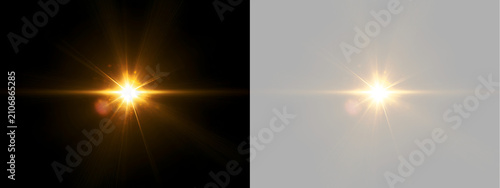 Golden light burst with horizontal flare. Glowing starburst and sparkling particles on transparent background. Graphic design overlay element