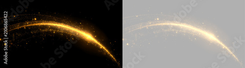 Sweeping golden light trail with shimmering glitter. Magic wave effect on black and transparent background