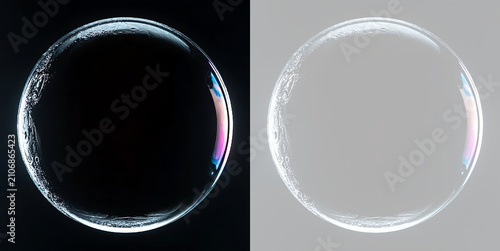 Realistic soap bubble isolated on black and transparent background. Single iridescent sphere with reflections. Design element overlay