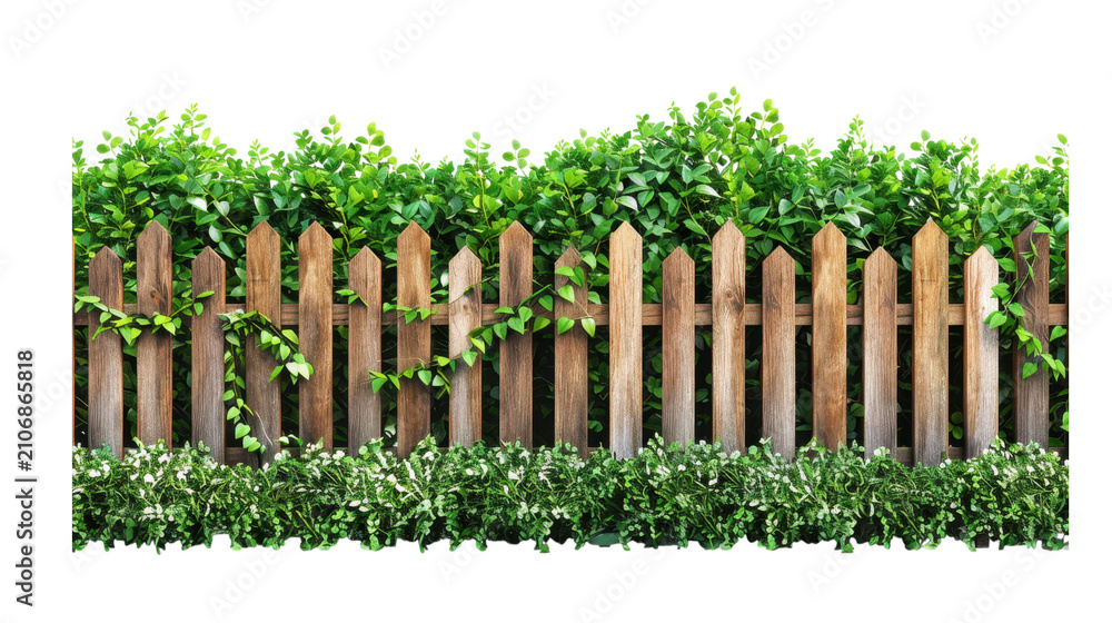 Fototapeta premium Traditional Wooden Picket Fence with Mixed Green Hedges