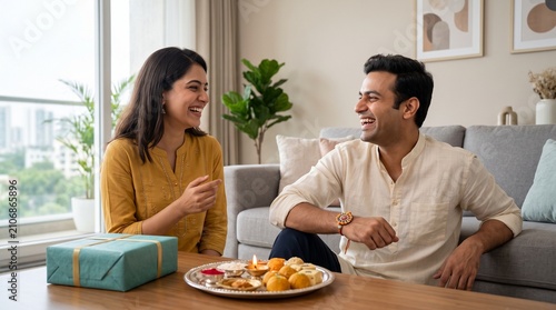 Raksha Bandhan siblings celebrating, Brother and sister laughing, Rakhi wrist and sweets, Modern Indian living room, Joyful sibling lifestyle