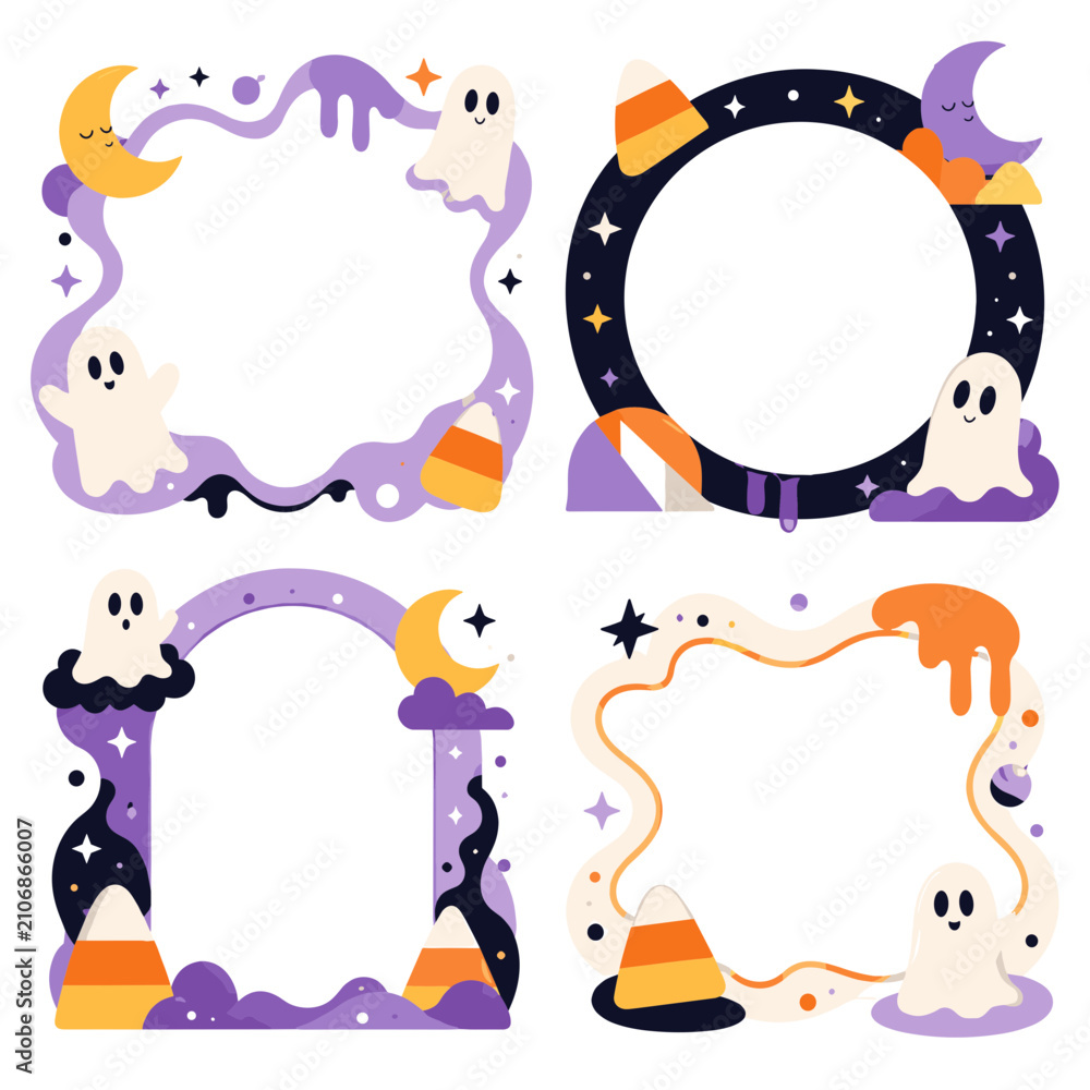 Naklejka premium Cute Ghost Halloween Frame Set with Candy Corn Moon and Stars