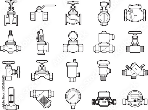 A collection of industrial valves and measurement equipment, presented in a clean, line-art illustration style.