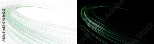Photography Abstract green motion blur light trails split on white and black background