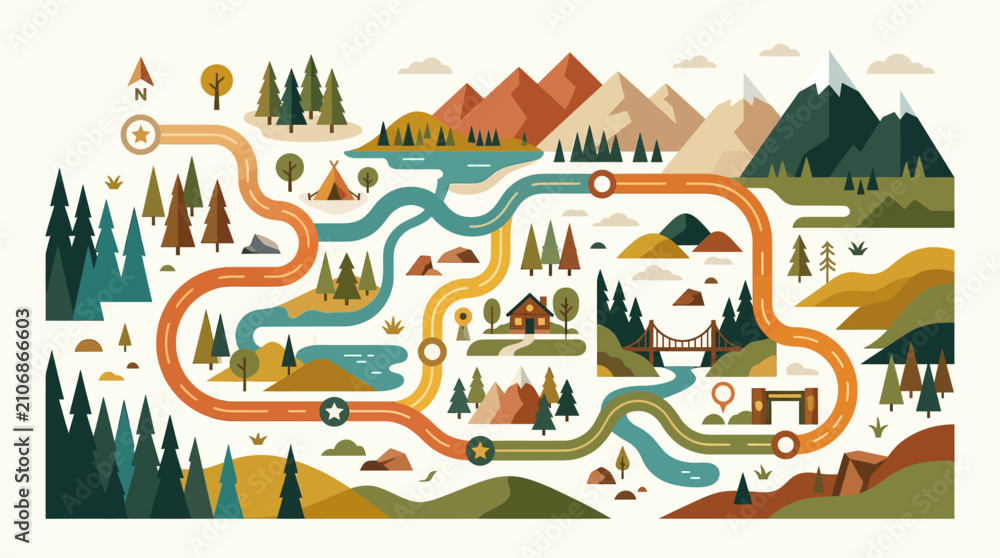 Naklejka premium Adventure Travel Map Illustration with Mountains, Forest, and Winding Roads