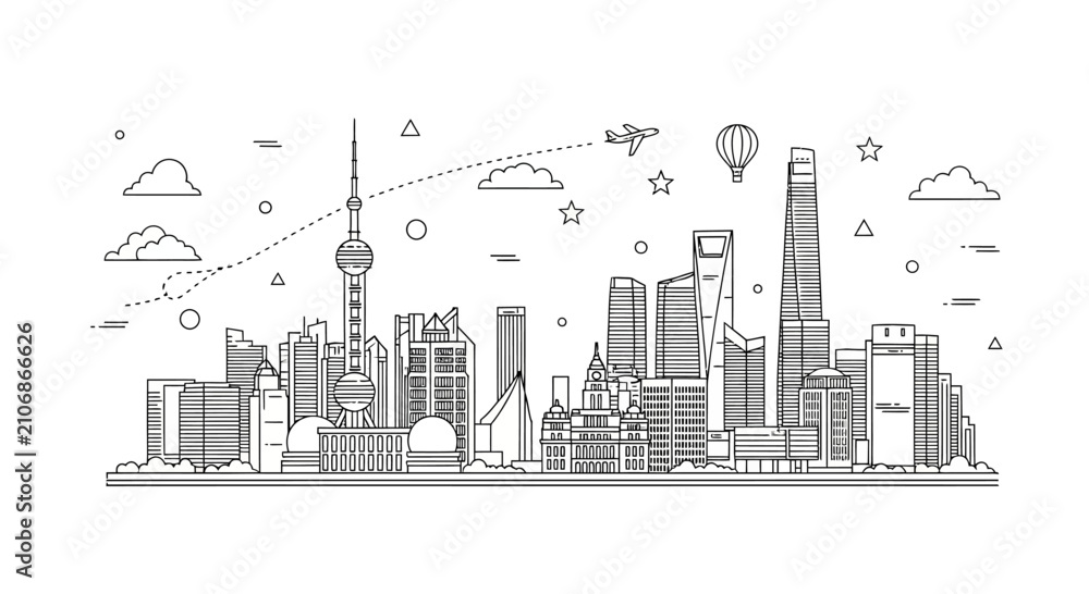 Fototapeta premium Shanghai City Skyline Vector Line Art Illustration