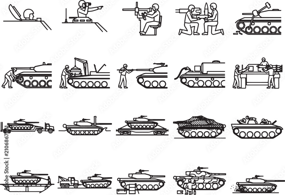 Obraz premium A collection of graphic illustrations depicts various tanks and military personnel in action, showcasing different models and operational scenarios.