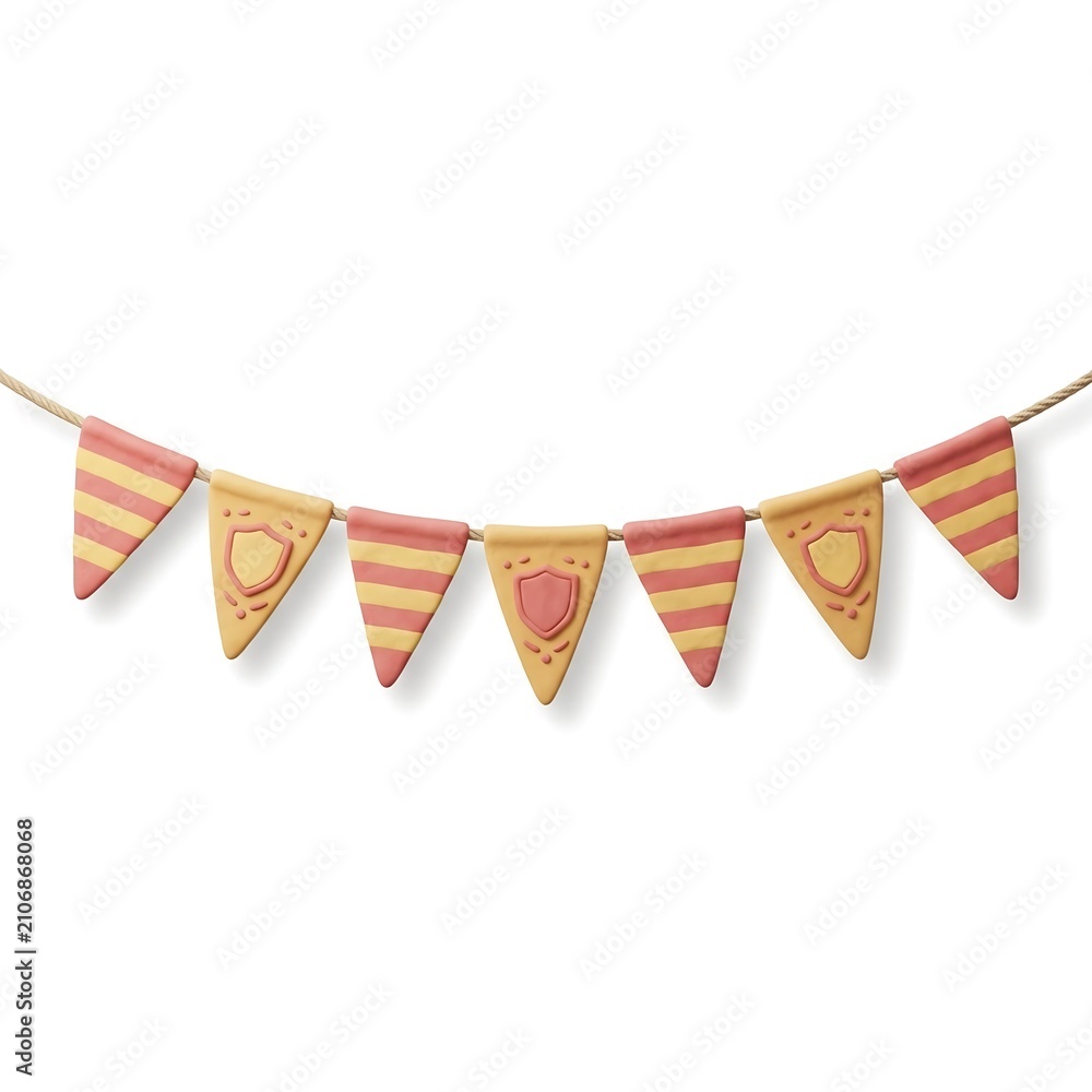 Obraz premium Striped pink and yellow clay bunting flags on rope isolated against white background in studio