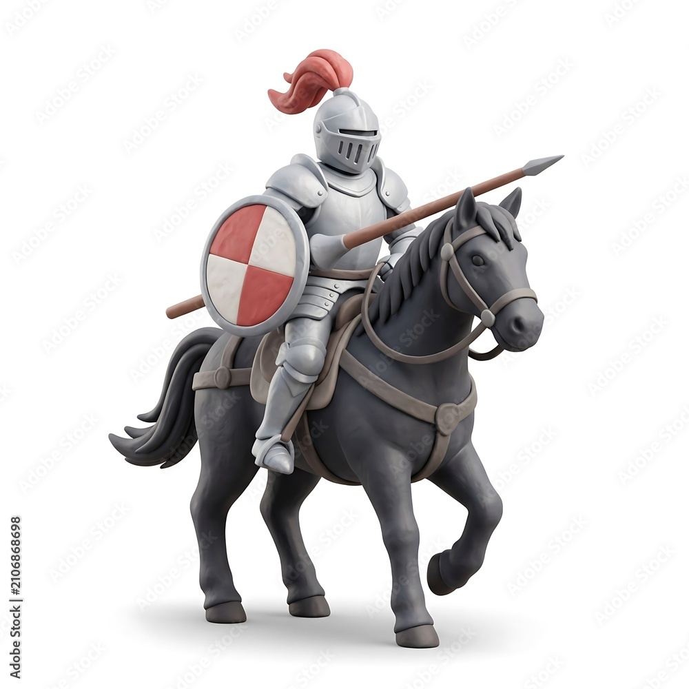 Naklejka premium Stylized 3D miniature medieval knight in armor riding horse with shield on white studio background