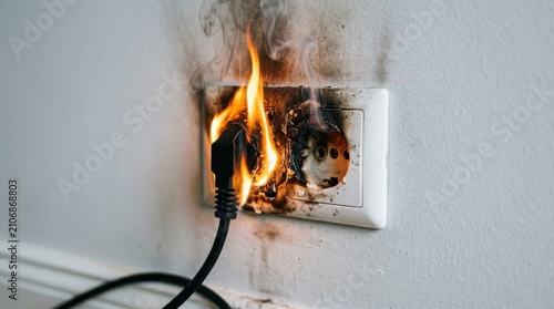 Electrical wall outlet on fire with smoke and burning plug