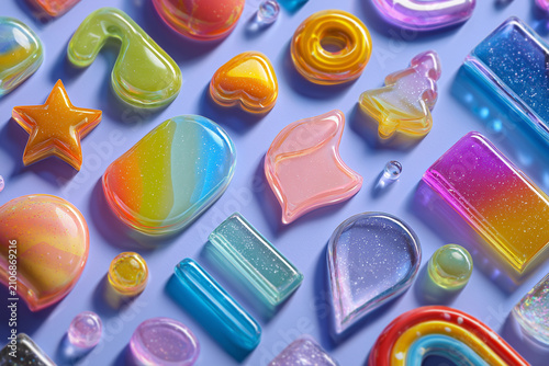 Glossy translucent colorful shapes with sparkling glitter details