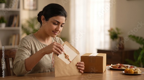 Raksha Bandhan sending rakhi by post, Woman packing plain envelope, Blank card and parcel box, Long distance sibling tradition, Caring home lifestyle