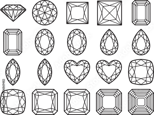 A collection of precisely cut gemstone outlines, showcasing various popular shapes like diamond, oval, pear, heart, and square, presented in a clear, vector graphic style.