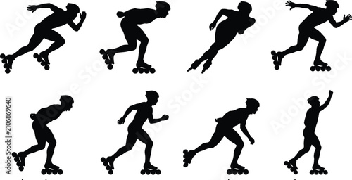 Obraz na plátně Roller skating athlete silhouette collection featuring speed skating poses isola