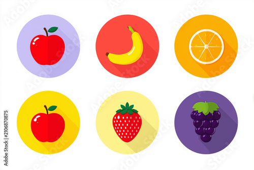 Flat design fruit icons set with long shadows