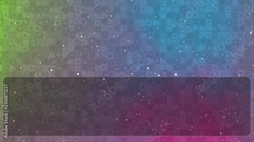Abstract background with colorful gradient squares and a dark rectangular text box overlay.