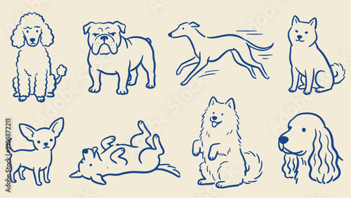 Fotografie Blue line drawings of eight different dog breeds on beige background showcasing