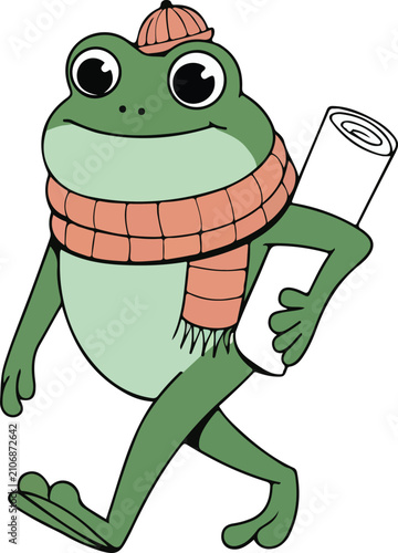 Cute Winter Frog Character Carrying Rolled Map Illustration