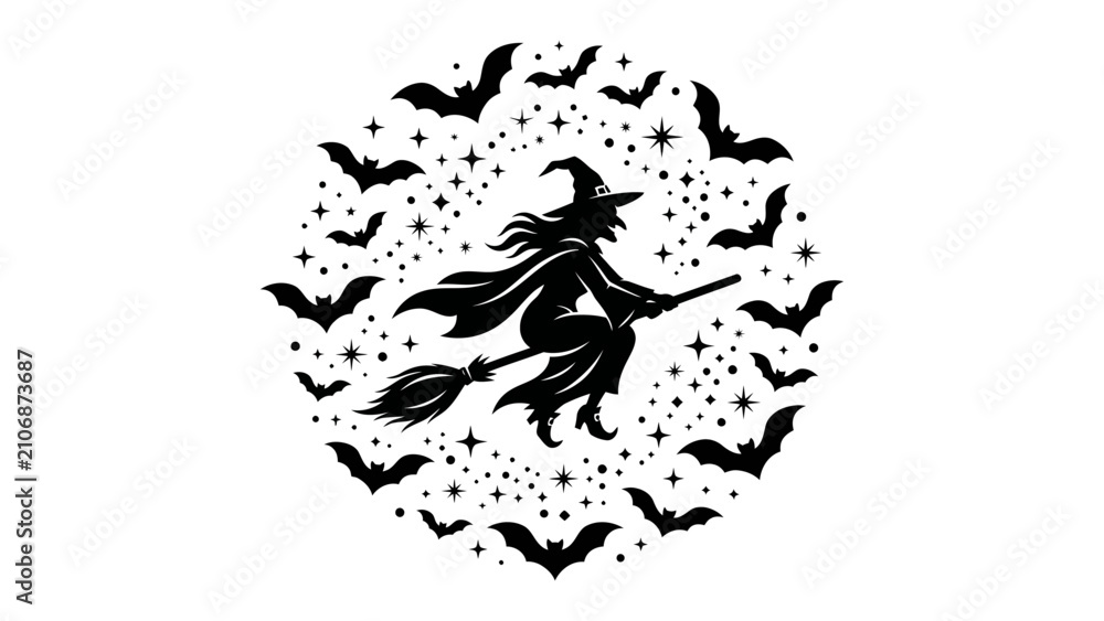 Obraz premium Halloween Witch Silhouette: A witch silhouette with a flowing cape and pointed hat rides a broomstick through a starry night sky, surrounded by a swarm of bats, capturing the eerie magic of Halloween.