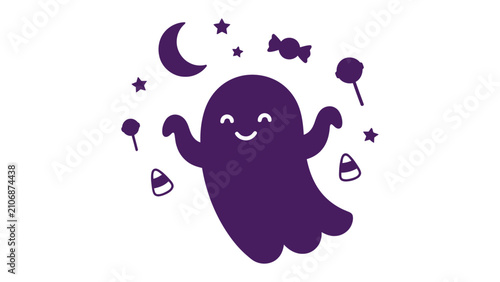 Obraz na płótnie Spooky Sweet Ghost Illustration: A whimsical, dark purple ghost character with a happy expression floats surrounded by stars, a crescent moon, and assorted Halloween candies